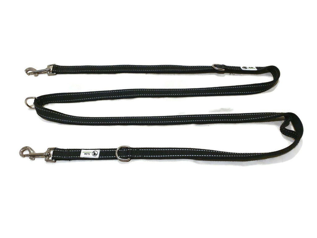 Multi Dog Lead - Nylon w/Reflective Stitching - Double Clip ,Coupler, Waist Belt, Short/Long, Quicktie - V631-MDPLDMUL20BLK