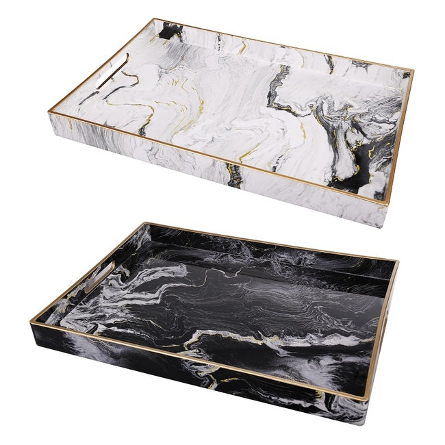 Set 2 Marble Patterned Rectangular Trays 48cm V637-20849