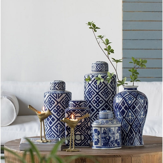 Valora Blue & White Cylinder Jar 35cm V637-20909