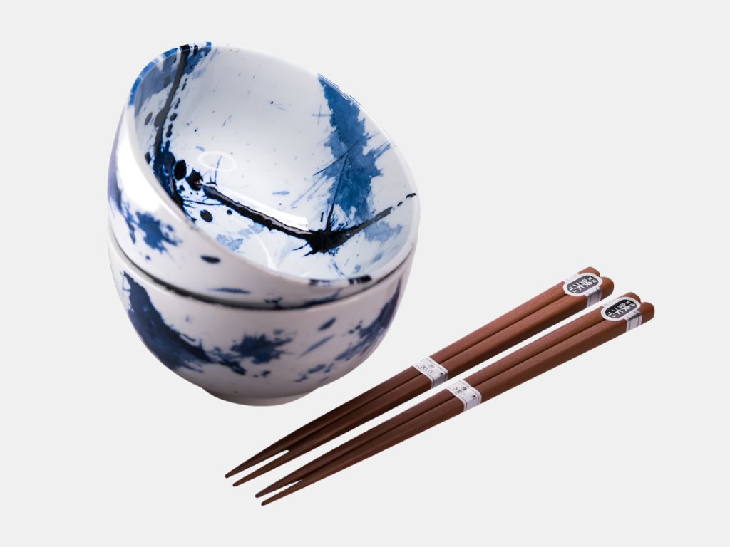 Bowl Set 2pcs with Chopsticks Blue White Splash Design V637-C0315