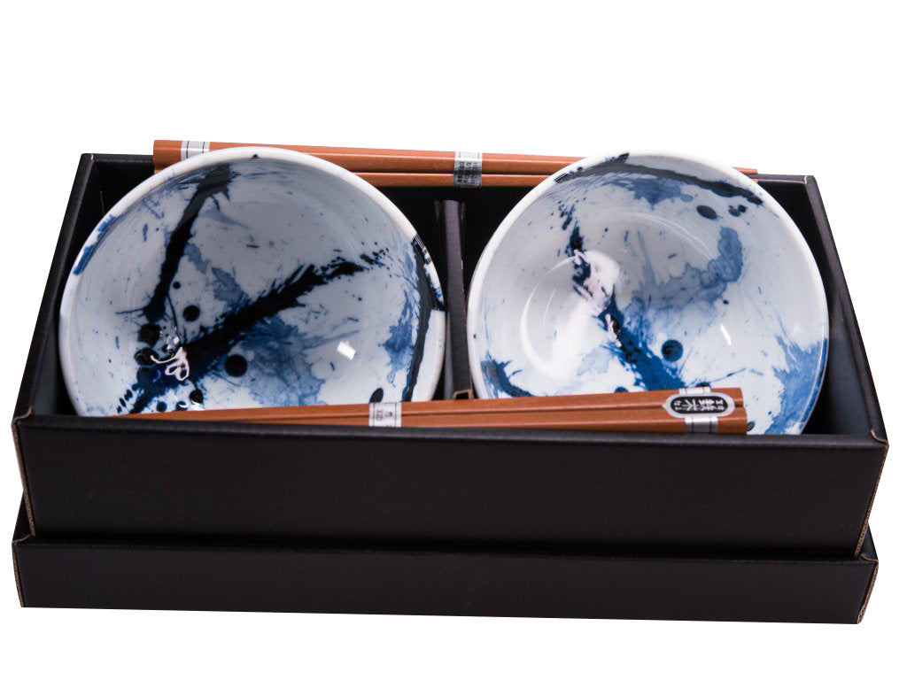 Bowl Set 2pcs with Chopsticks Blue White Splash Design V637-C0315