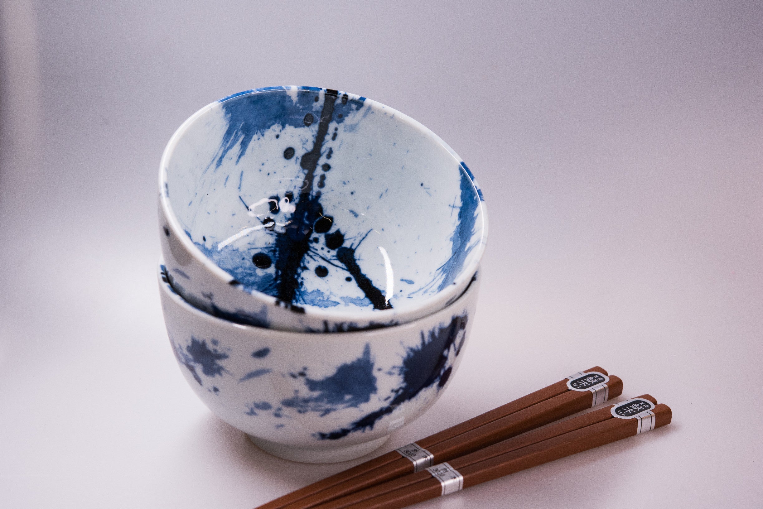 Bowl Set 2pcs with Chopsticks Blue White Splash Design V637-C0315