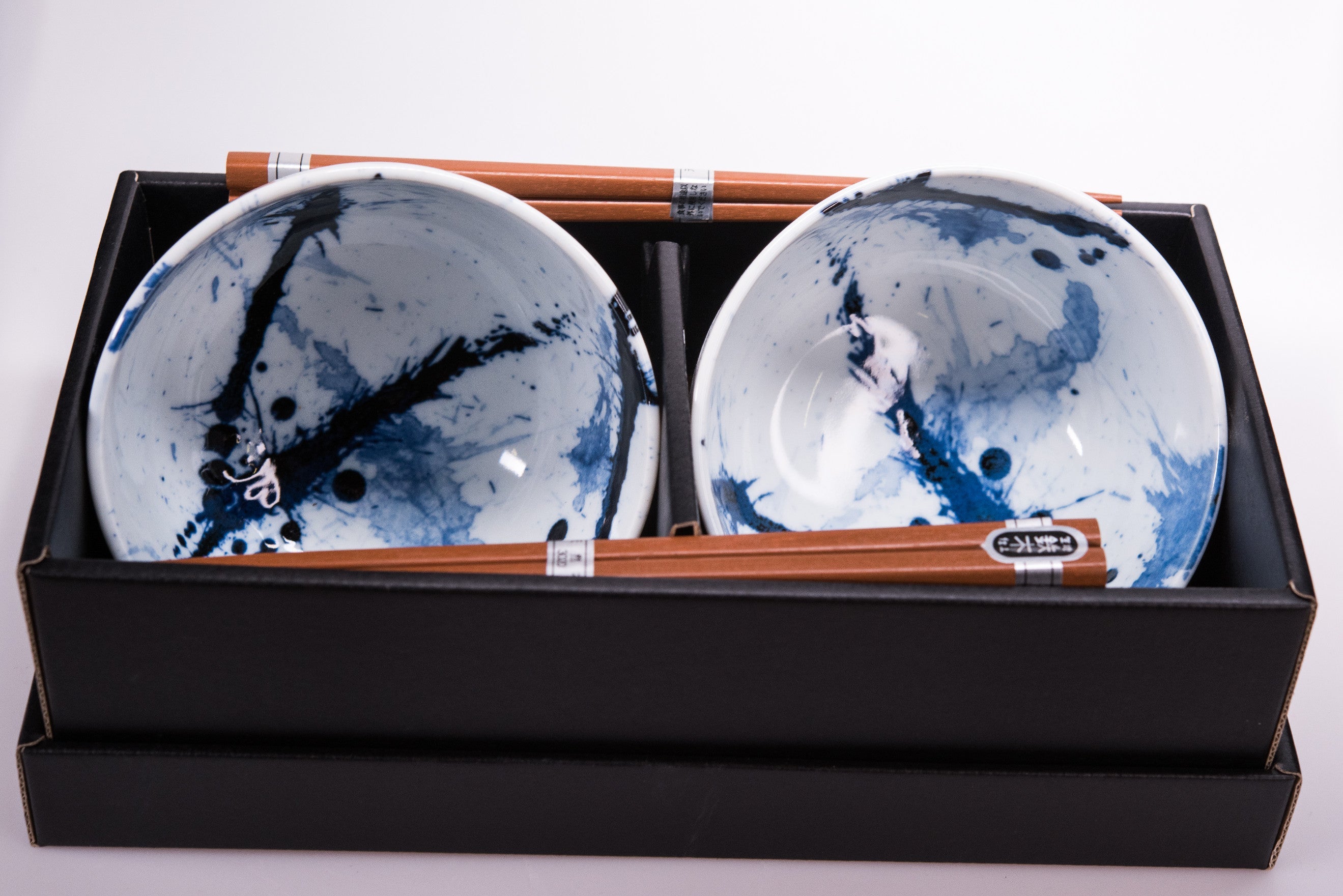 Bowl Set 2pcs with Chopsticks Blue White Splash Design V637-C0315