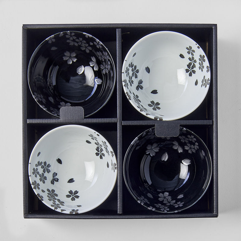 Bowl Set 4pcs Black White Sakura Design V637-C0319