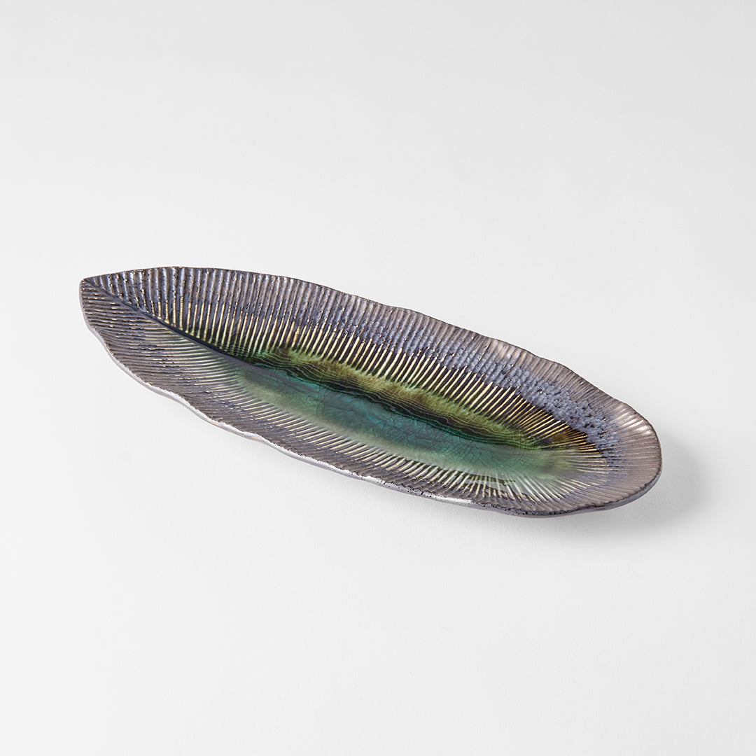 Plate Leaf Shape 32.5x13.5cm Midori Ridge Glaze V637-C0692