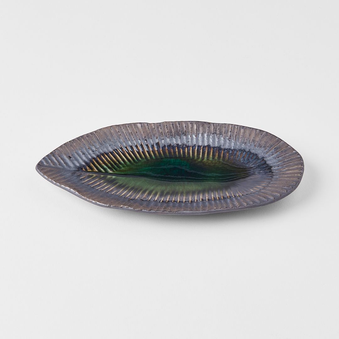 Plate Leaf Shape 21.5x10.5cm Midori Ridge Glaze V637-C0693