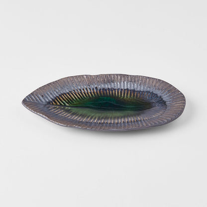 Plate Leaf Shape 21.5x10.5cm Midori Ridge Glaze V637-C0693