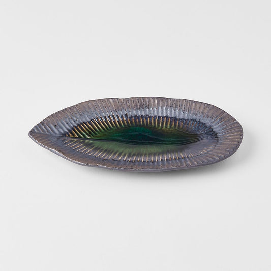 Plate Leaf Shape 21.5x10.5cm Midori Ridge Glaze V637-C0693