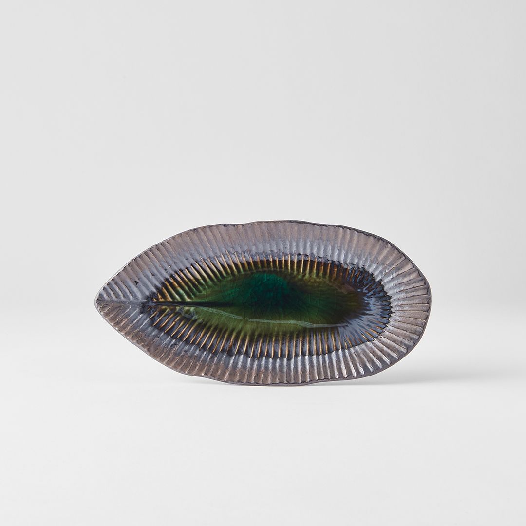 Plate Leaf Shape 21.5x10.5cm Midori Ridge Glaze V637-C0693