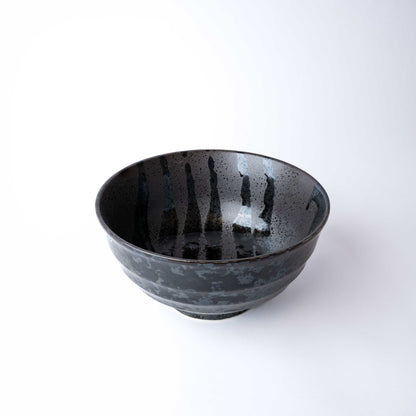 Udon Bowl Fluted 17cm Gloss Black Stripes On Gunmetal Glaze V637-C0971