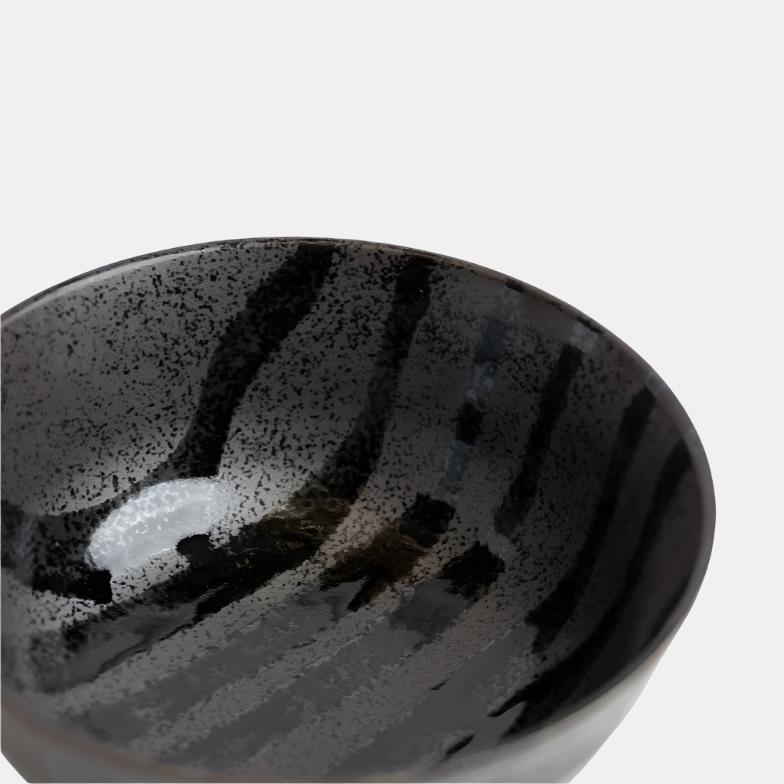 Udon Bowl Fluted 17cm Gloss Black Stripes On Gunmetal Glaze V637-C0971