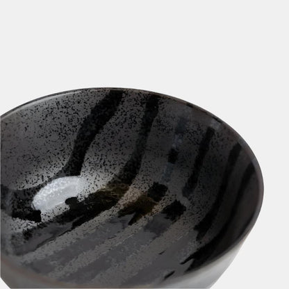 Udon Bowl Fluted 17cm Gloss Black Stripes On Gunmetal Glaze V637-C0971