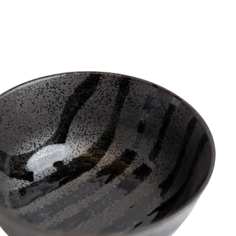 Udon Bowl Fluted 17cm Gloss Black Stripes On Gunmetal Glaze V637-C0971
