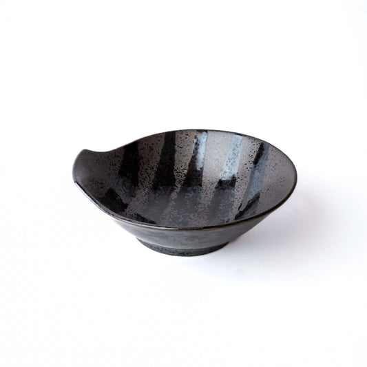 Bowl with Handle 13cm Black Stripes On Gunmetal Glaze V637-C0985