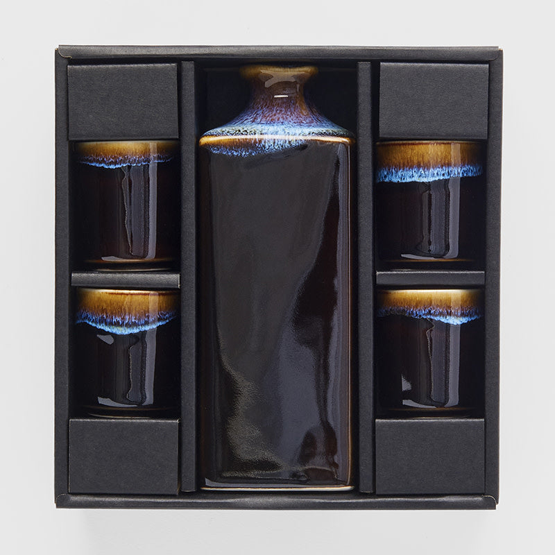 Sake Set 5pcs Tenmokku With Bright Blue Glaze V637-C2825