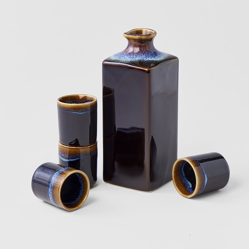 Sake Set 5pcs Tenmokku With Bright Blue Glaze V637-C2825