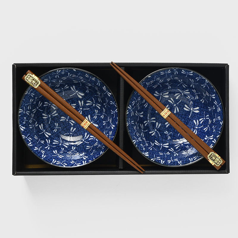 Bowl Set 2pcs with Chopsticks Indigo Dragonfly Design V637-C2828