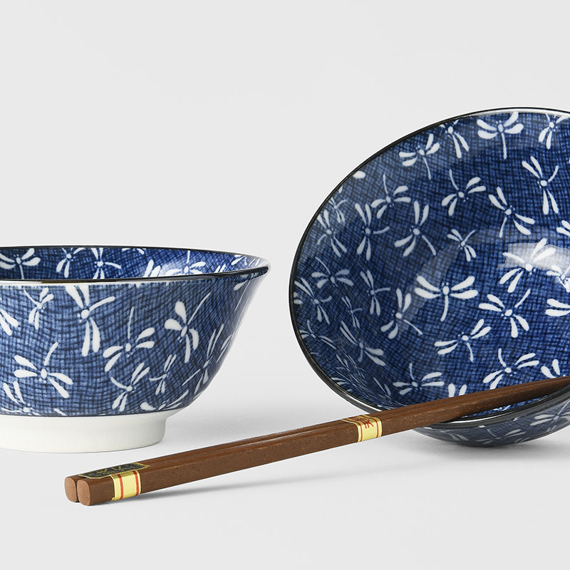 Bowl Set 2pcs with Chopsticks Indigo Dragonfly Design V637-C2828
