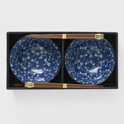 Bowl Set 2pcs with Chopsticks Indigo Dragonfly Design V637-C2828