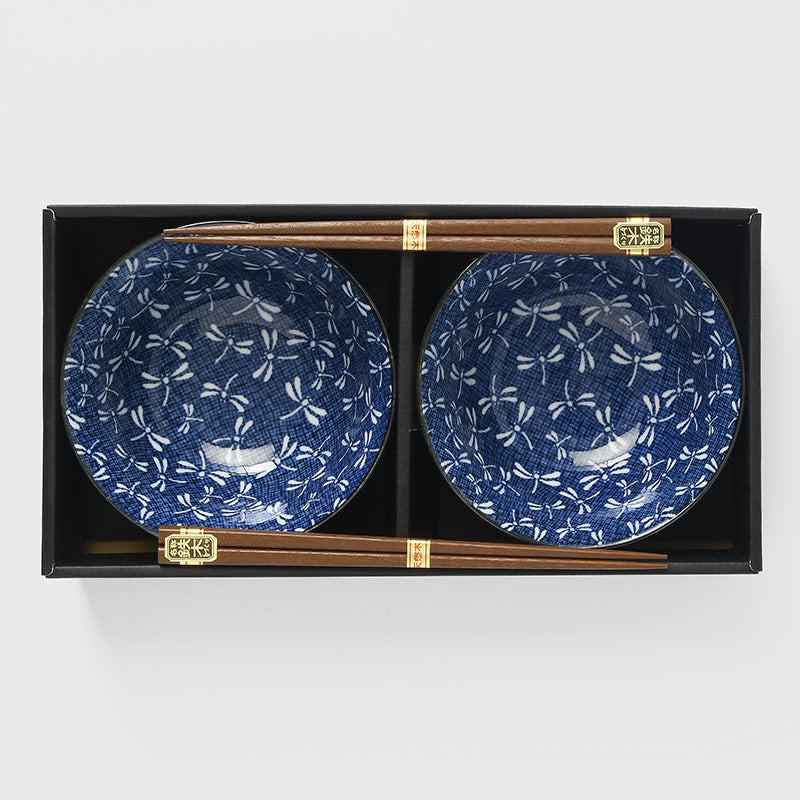 Bowl Set 2pcs with Chopsticks Indigo Dragonfly Design V637-C2828