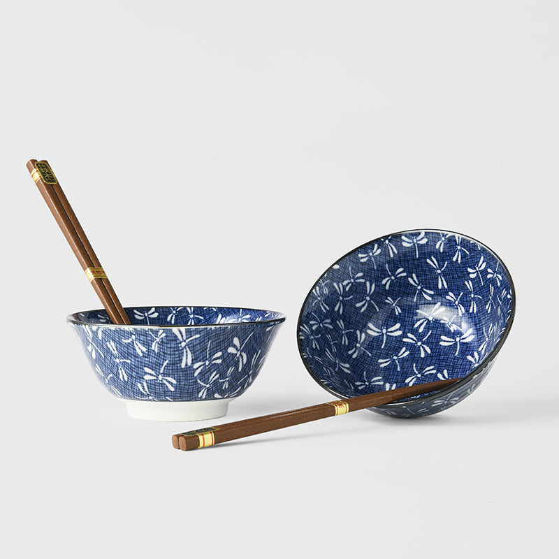 Bowl Set 2pcs with Chopsticks Indigo Dragonfly Design V637-C2828