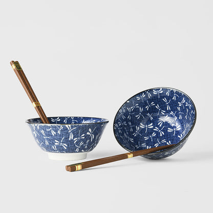 Bowl Set 2pcs with Chopsticks Indigo Dragonfly Design V637-C2828