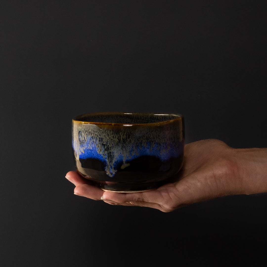 Matcha Tea Bowl 11.5cm Blue Drip on Black V637-C3867