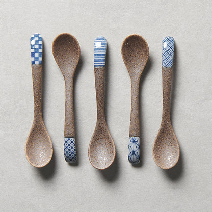 Spoon Small Bisque Indigo Checkerboard V637-C4209