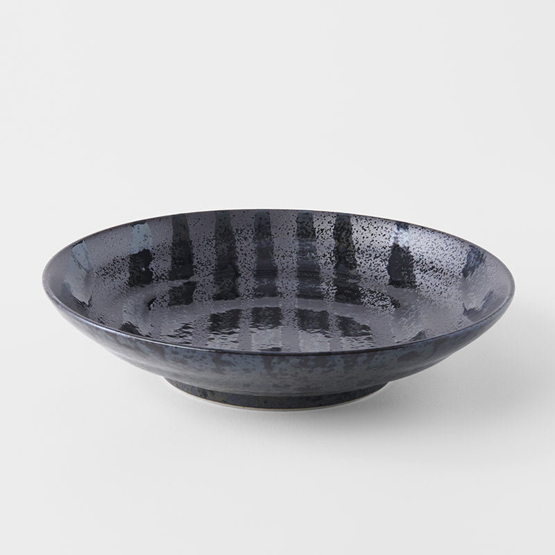 Pasta Bowl Flat 23cm Gloss Black Stripes On Gunmetal Black Glaze V637-C8147