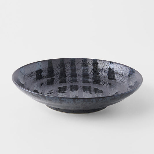 Pasta Bowl Flat 23cm Gloss Black Stripes On Gunmetal Black Glaze V637-C8147