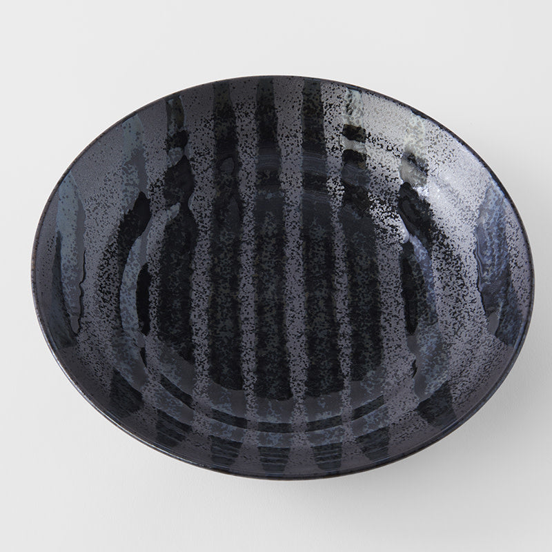 Pasta Bowl Flat 23cm Gloss Black Stripes On Gunmetal Black Glaze V637-C8147