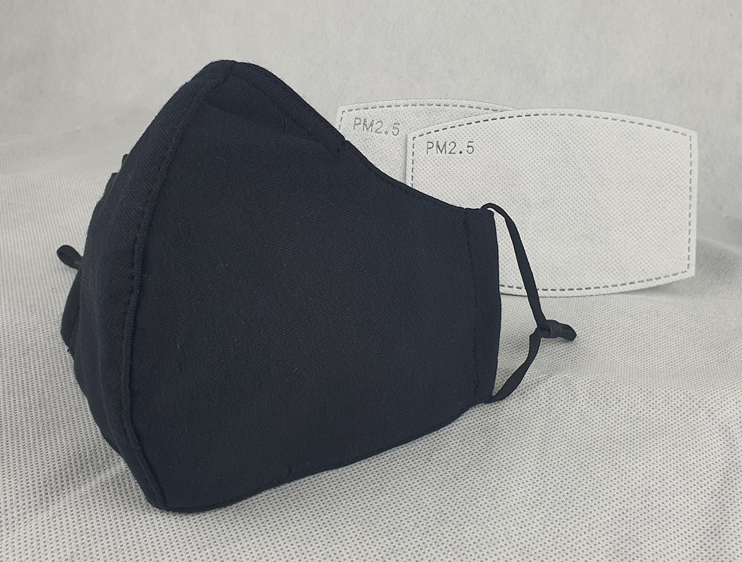 NEW Cotton Cloth Face Mask w 2 Filters Reusable Washable Adjustable 3Ply Black V637-COTB