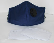Reusable Cotton Cloth Face Mask w 2 PM2.5 Filters Adjustable w Breathing Valve 3Ply Blue V637-COTMNB