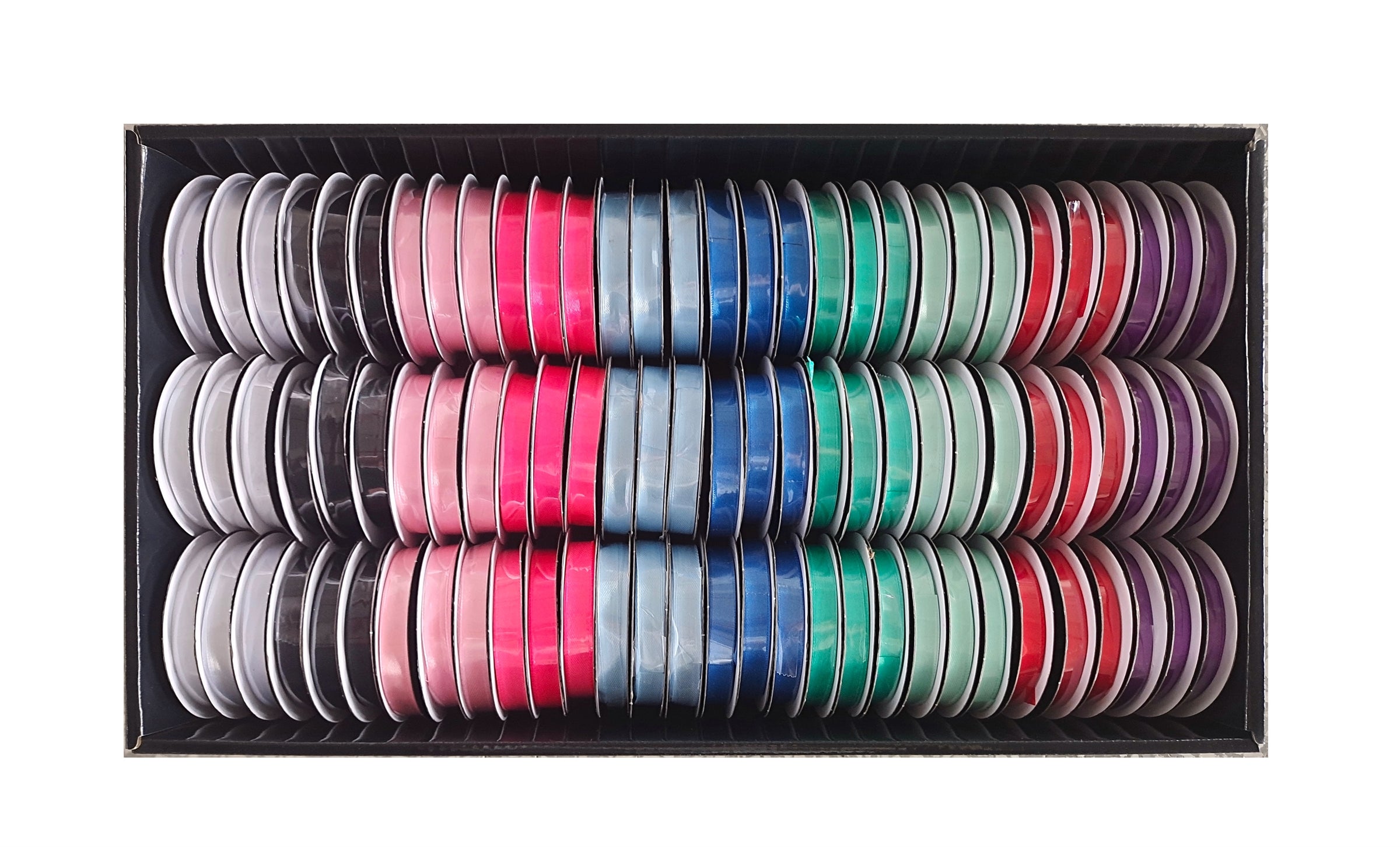 bulk 90 Roll Satin Ribbon 4.5mt 10mm Displayed Box V637-CRA31370
