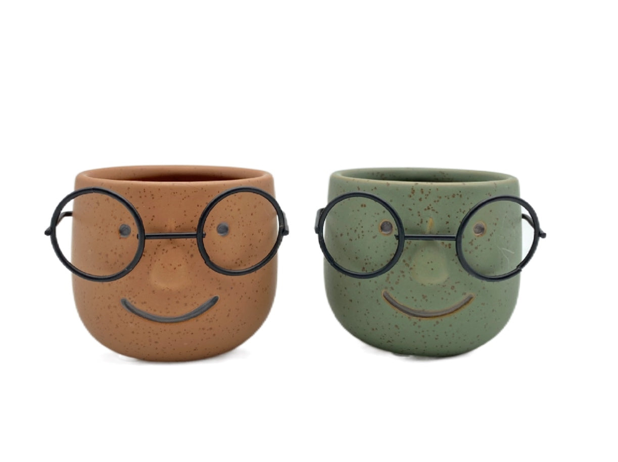 Set 2 Man w Metal Glasses Ceramic Pot 7cm V637-CVA30462