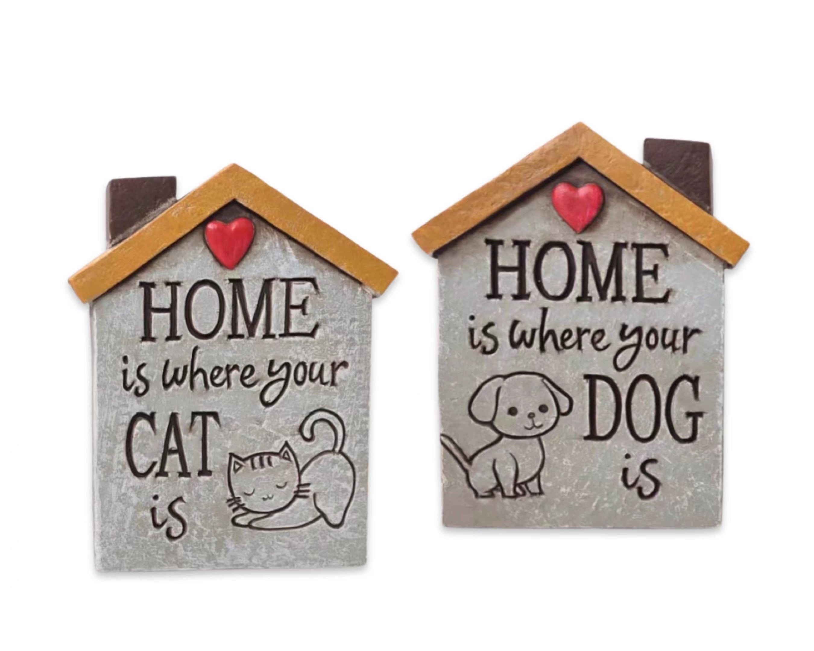 Set 2 Concrete Cat & Dog Homes Signage Assort Garden Statue 15cm V637-DCO32712