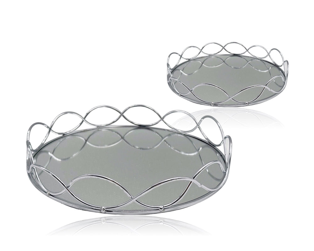 Set 2 Round Silver Mirror Tray 30cm V637-DCO32980