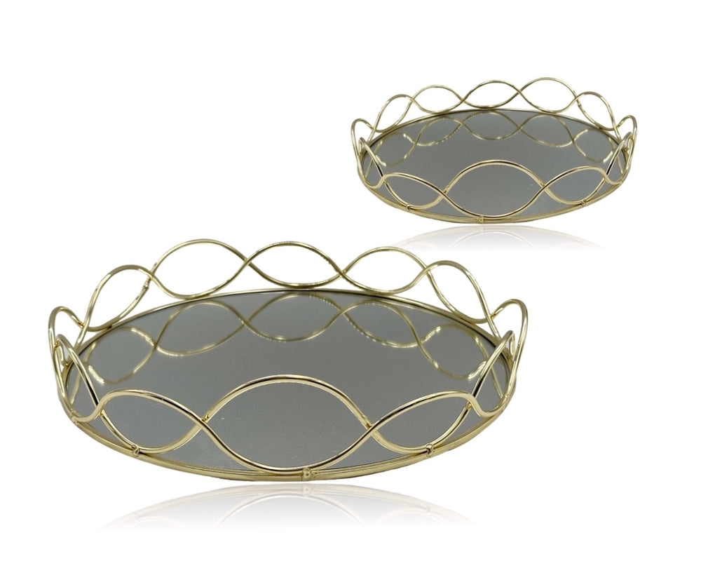 Set 2 Round Gold Mirror Tray 30cm V637-DCO32982