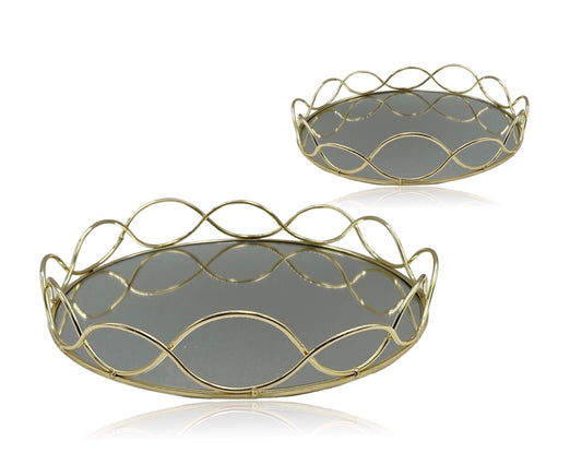 Set 2 Round Gold Mirror Tray 30cm V637-DCO32982