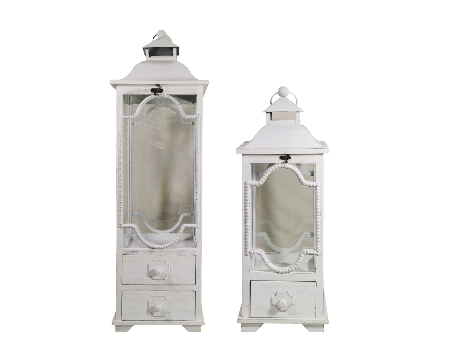 Set 2 Tall White Wooden Lantern w Drawers 104cm V637-DCO35022