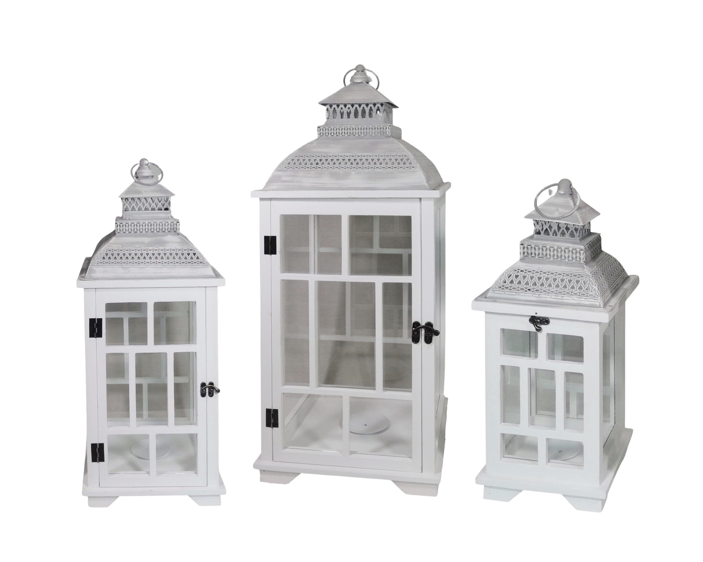 Set 3 White Wooden Lantern w Metal Roof 79cm V637-DCO35033