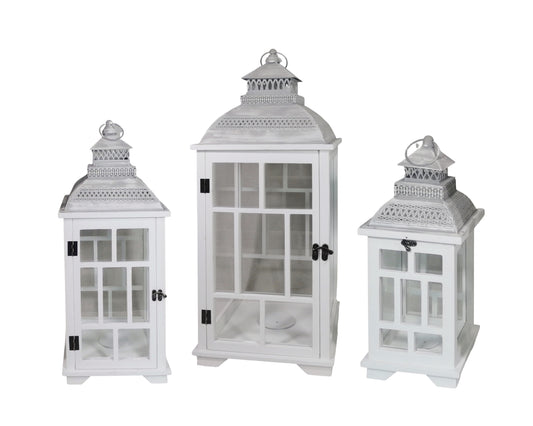 Set 3 White Wooden Lantern w Metal Roof 79cm V637-DCO35033
