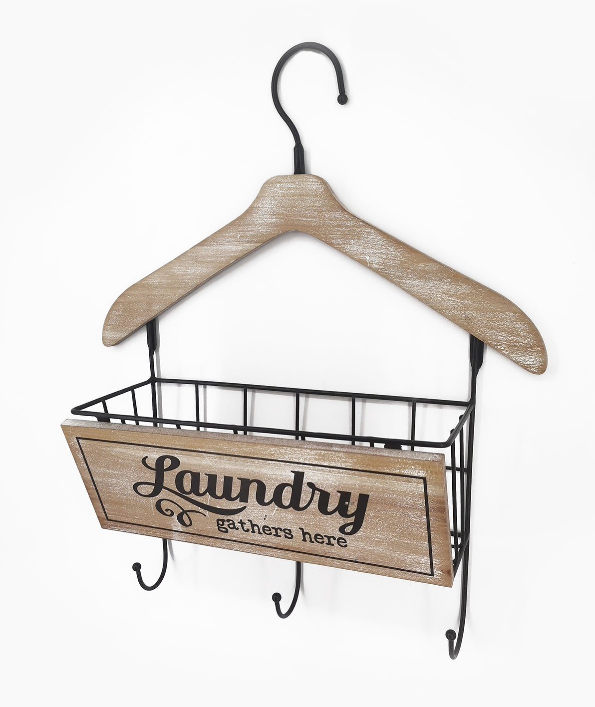 Wooden Laundry Hanger W Basket & 3 Hooks 40x48cm V637-DCO35915