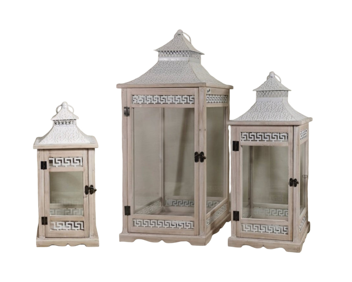 Set 3 Wooden Aegean Heritage Lanterns 77cm V637-DCO38820