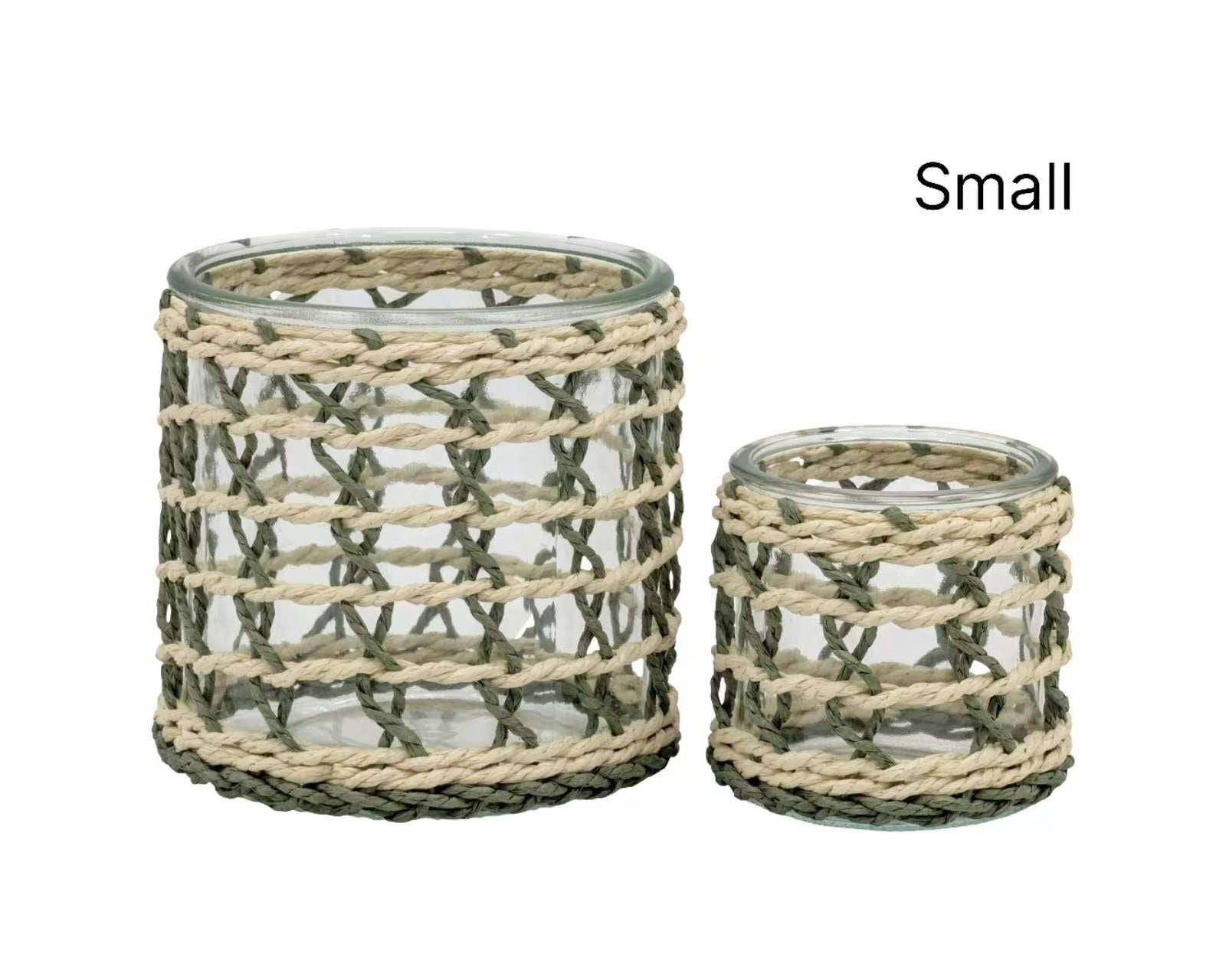 bulk 24 Forest Green Paper Rope Glass Jar 8cm V637-DCO40118