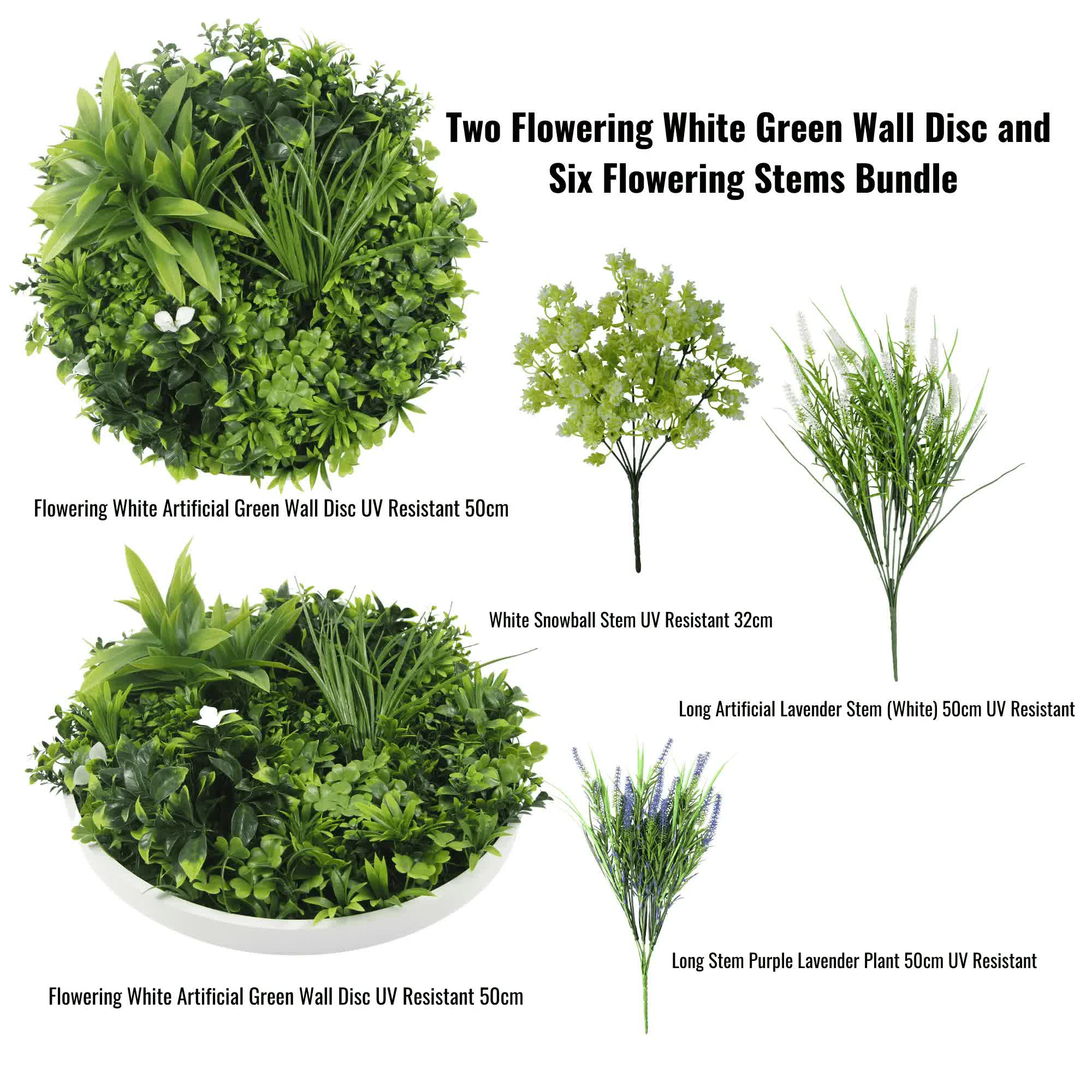 Two Flowering White Green Wall 50cm Discs and Six Flowering Stems Bundle V637-DP1194114
