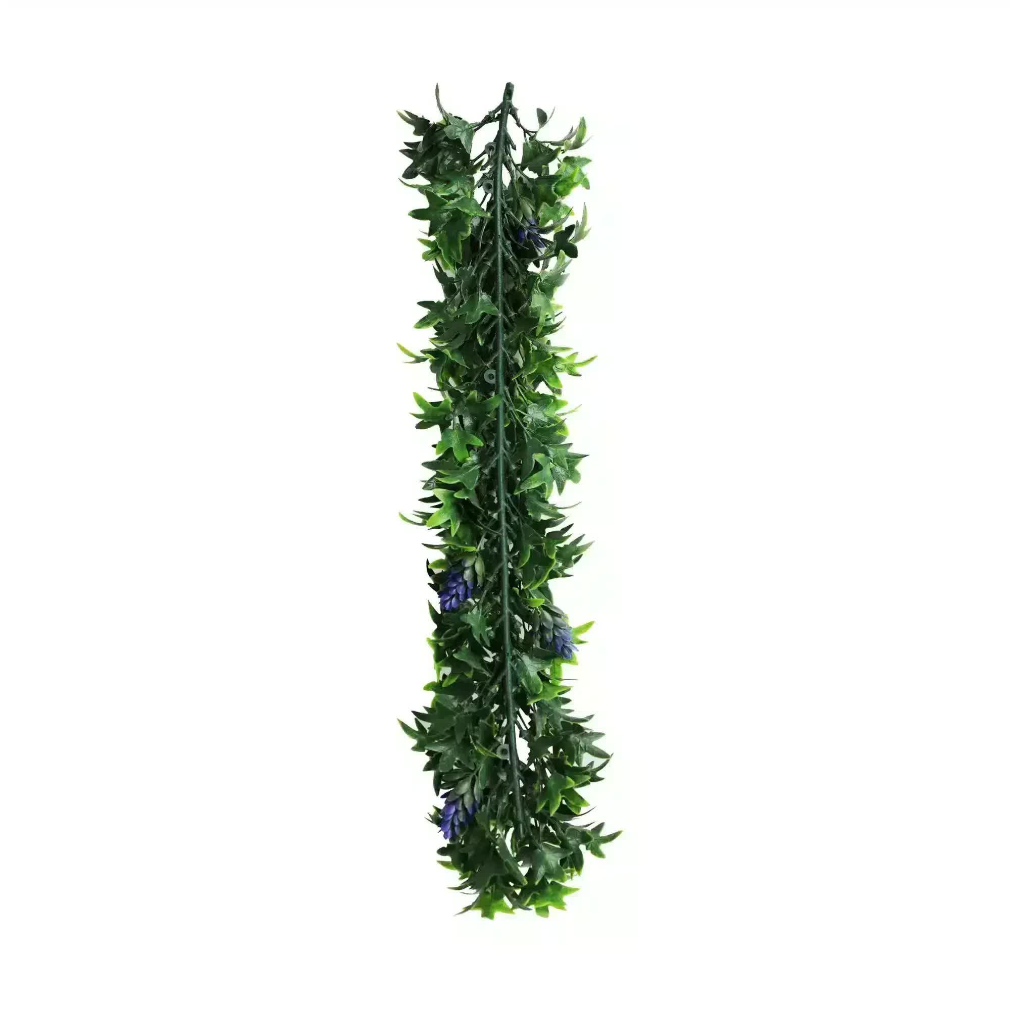 Artificial Extendable Hanging Bright Green Ivy Bush with Purple Flowers 55cm UV Resistant V637-DP22582