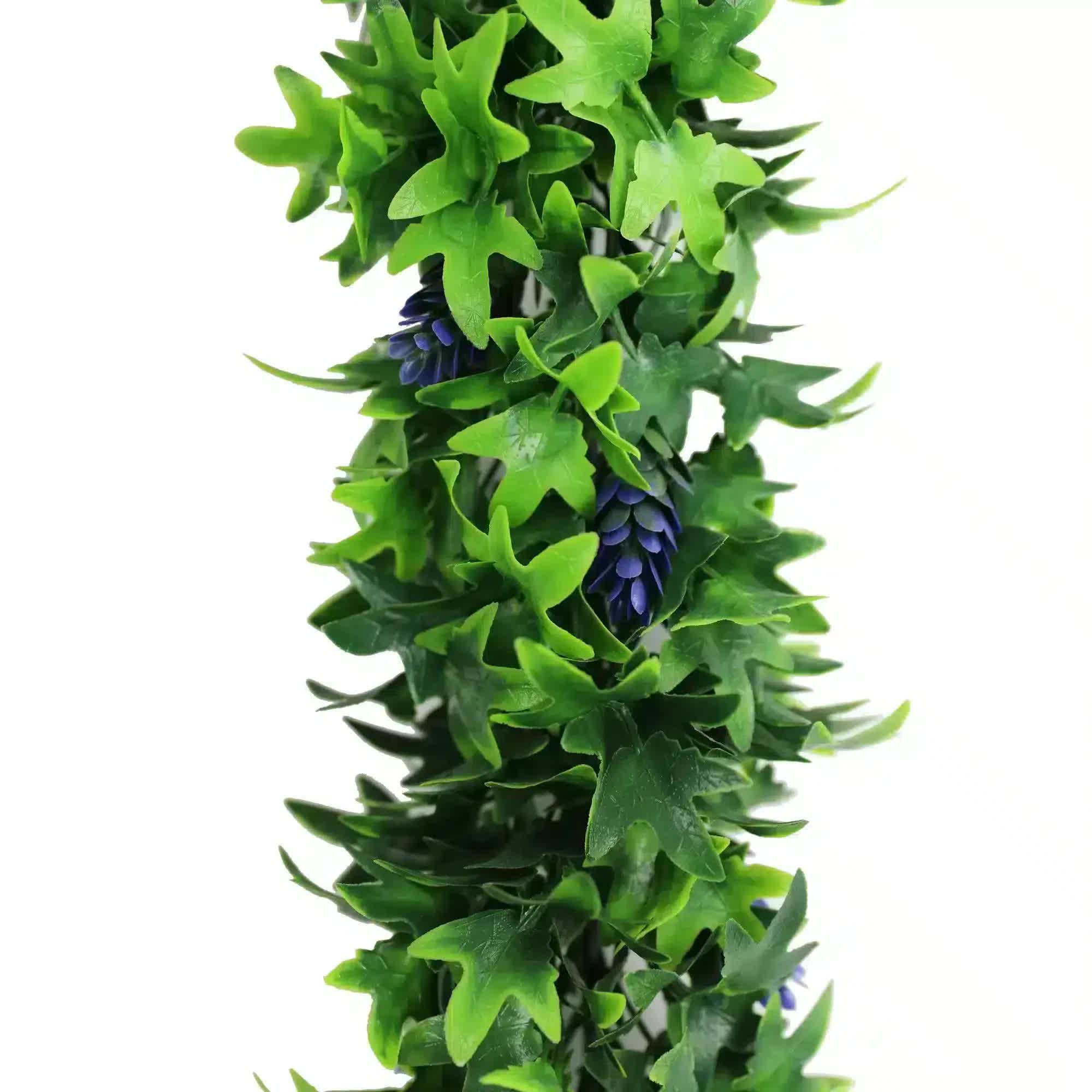 Artificial Extendable Hanging Bright Green Ivy Bush with Purple Flowers 55cm UV Resistant V637-DP22582