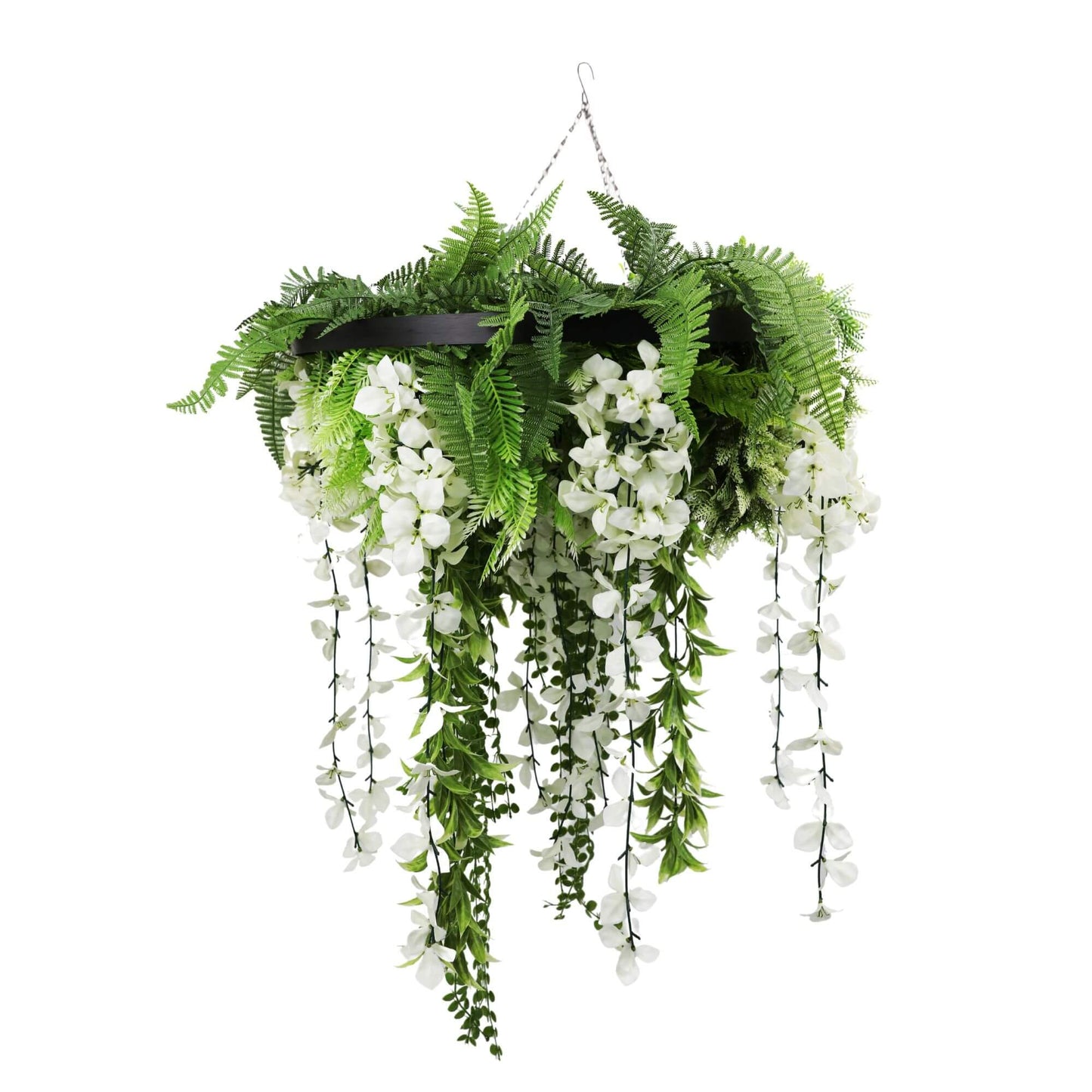 Black Framed Roof Hanging Disc With Draping Life-Like Wisteria Flowers UV Resistant 60cm V637-DP7778001B