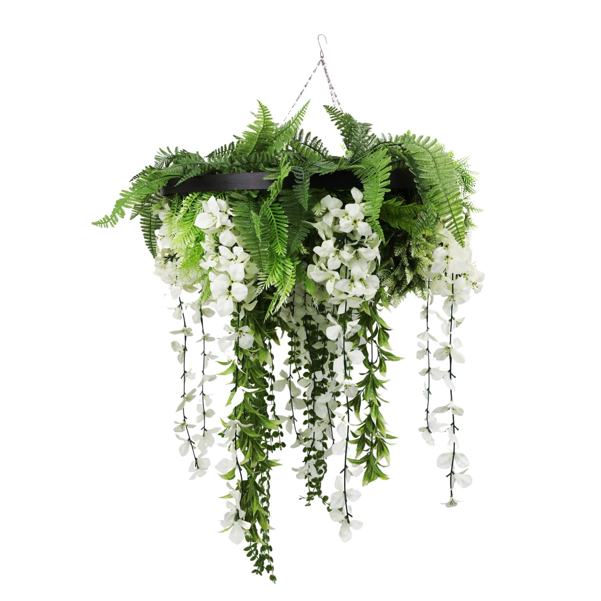 Black Framed Roof Hanging Disc With Draping Life-Like Wisteria Flowers UV Resistant 60cm V637-DP7778001B